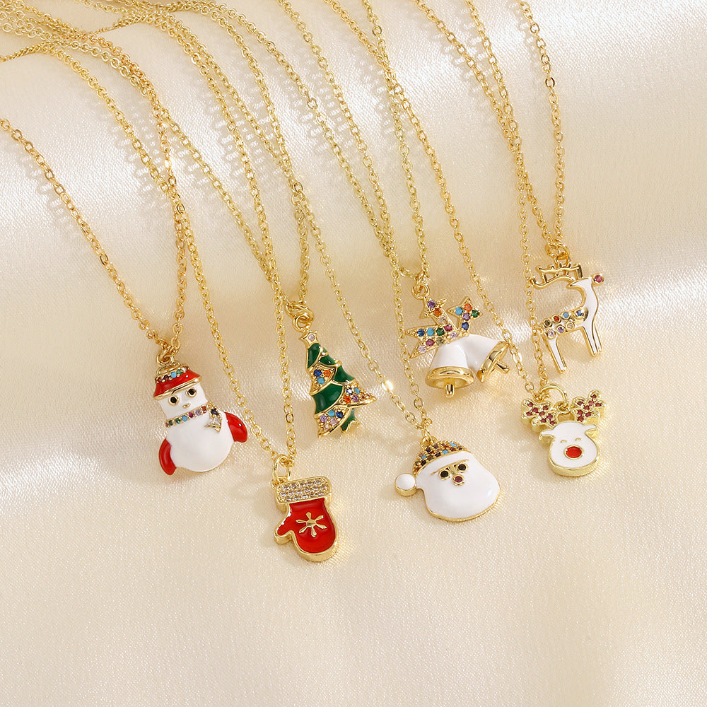 Christmas Tree Santa Claus Elk Snowman Oil-drop Necklace With Colored Rhinestones Ins Festival Clavicle Chain Necklace For Women Jewelry