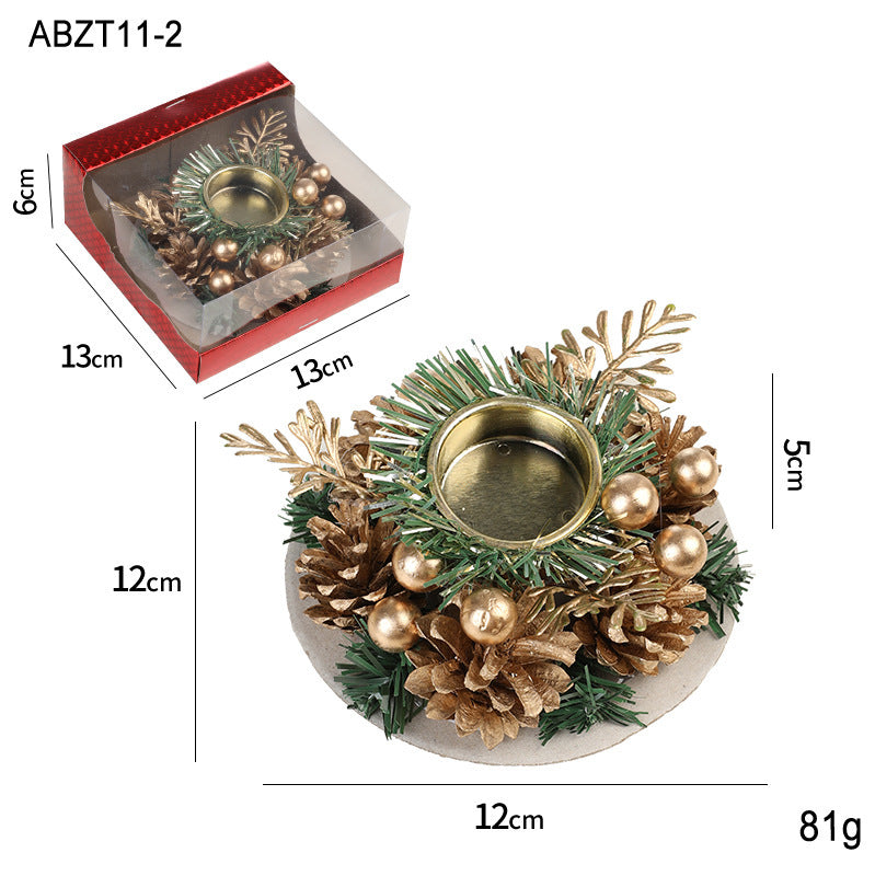 Christmas Candle Metals Candlestick Wreath Artificial Pinball Pinecone Candle Holder Fake Leaves Xmas New Year Home Table Decor